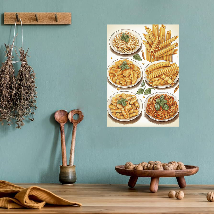 Pasta varieties chart printable wall art with Italian noodle illustrations