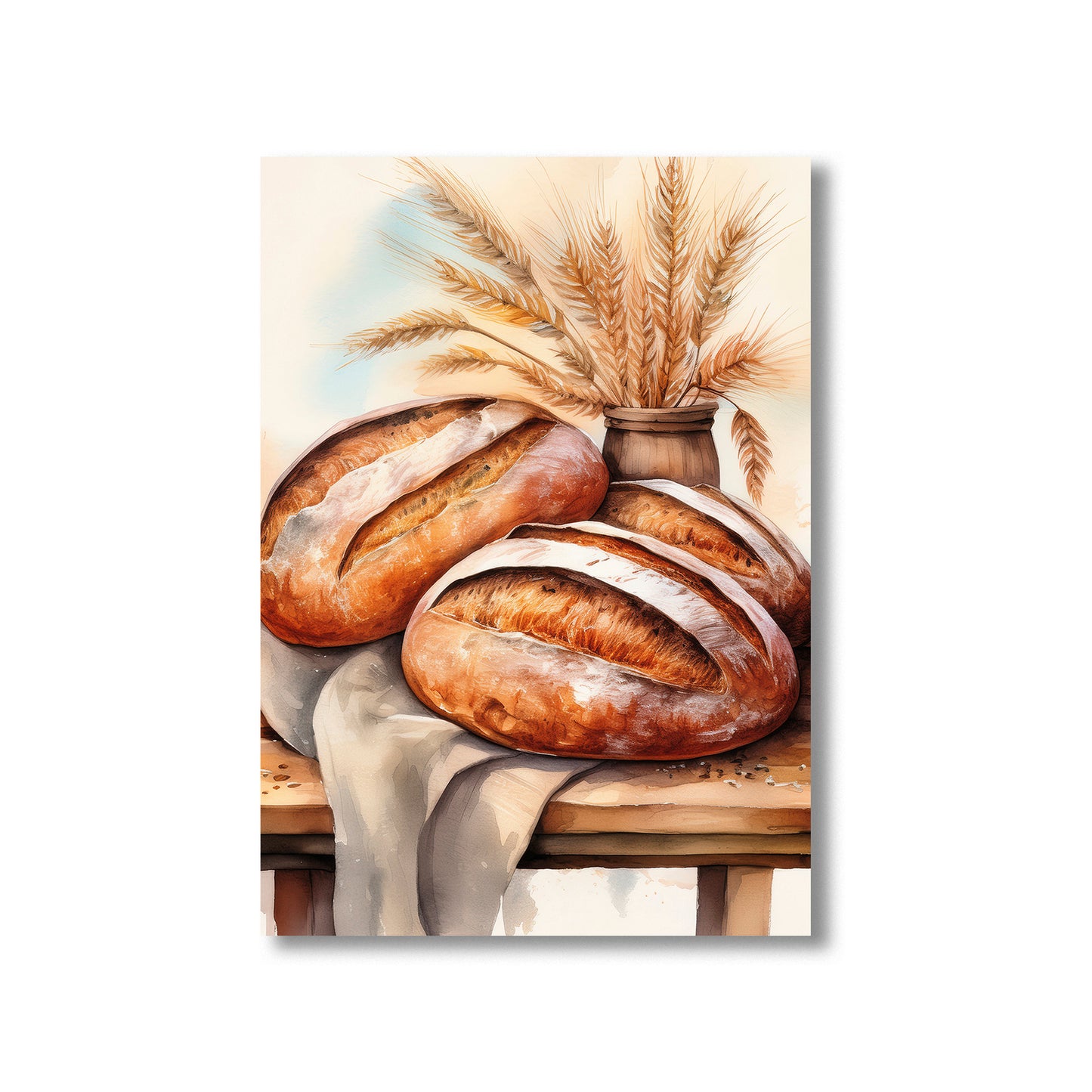 Rustic bread illustration printable wall art featuring baguettes and loaves for farmhouse kitchen decor