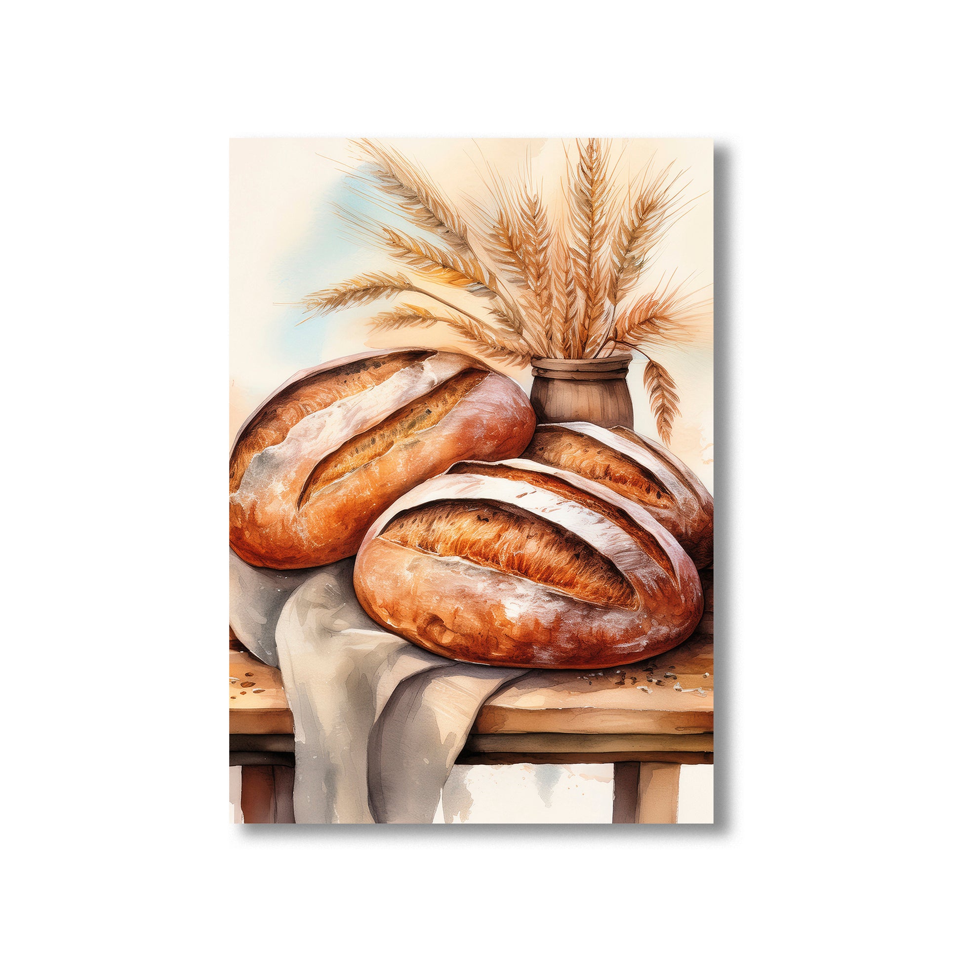 Rustic bread illustration printable wall art featuring baguettes and loaves for farmhouse kitchen decor