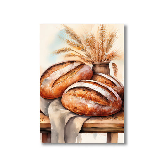 Rustic bread illustration printable wall art featuring baguettes and loaves for farmhouse kitchen decor