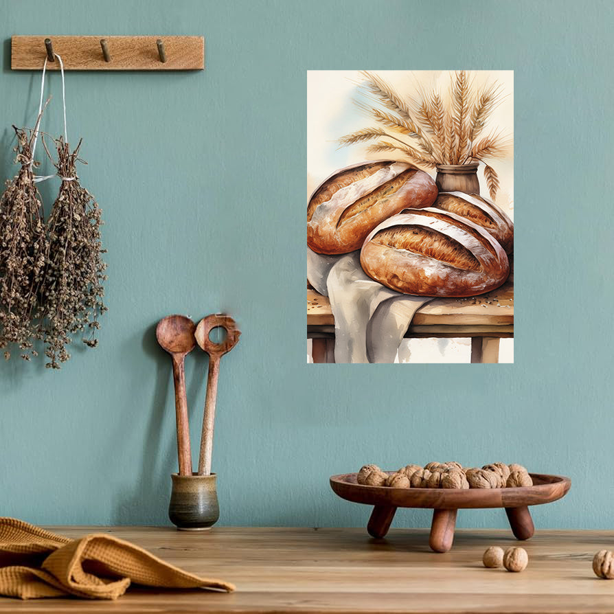 Rustic bread illustration printable wall art featuring baguettes and loaves for farmhouse kitchen decor