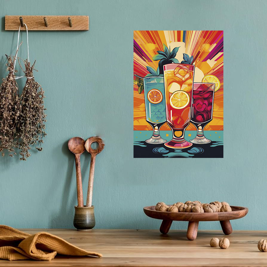 Retro pop art cocktails printable wall art in colorful modern style for kitchen or bar decor