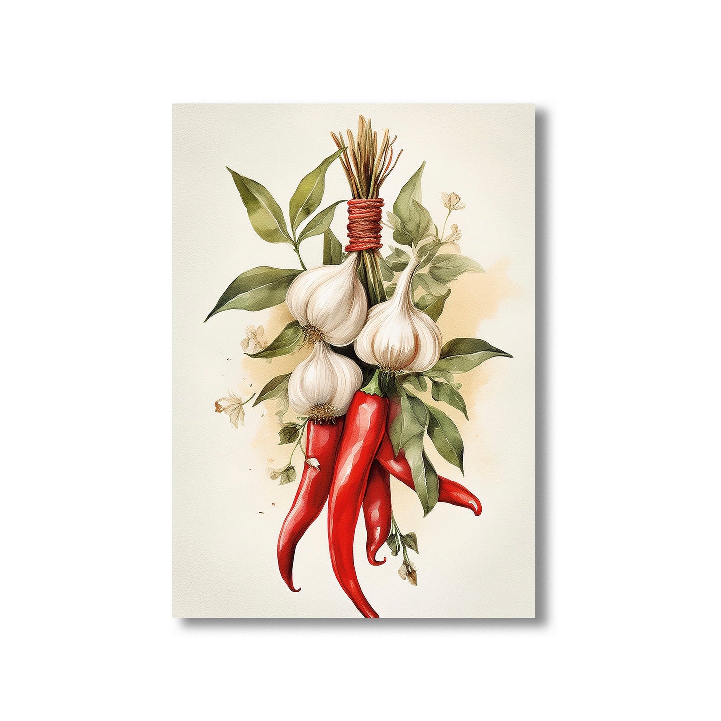 Botanical watercolor of chili peppers and garlic tied together for rustic Italian kitchen decor