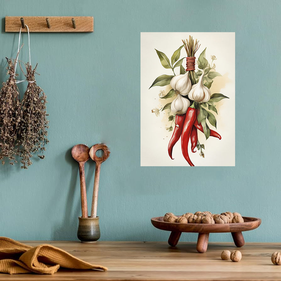 Botanical watercolor of chili peppers and garlic tied together for rustic Italian kitchen decor