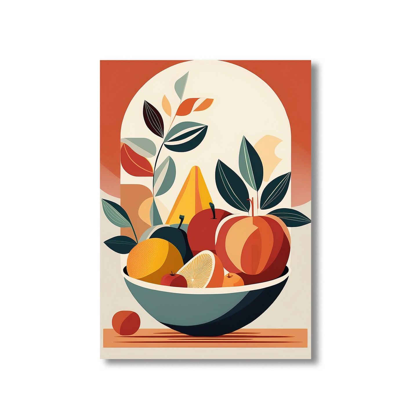 Mid-century modern fruit bowl illustration with geometric shapes and muted tones printable wall art