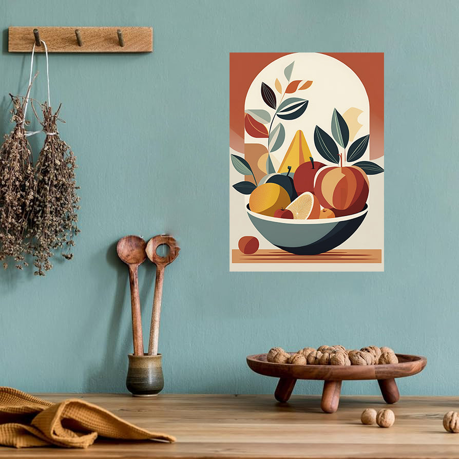 Mid-century modern fruit bowl illustration with geometric shapes and muted tones printable wall art