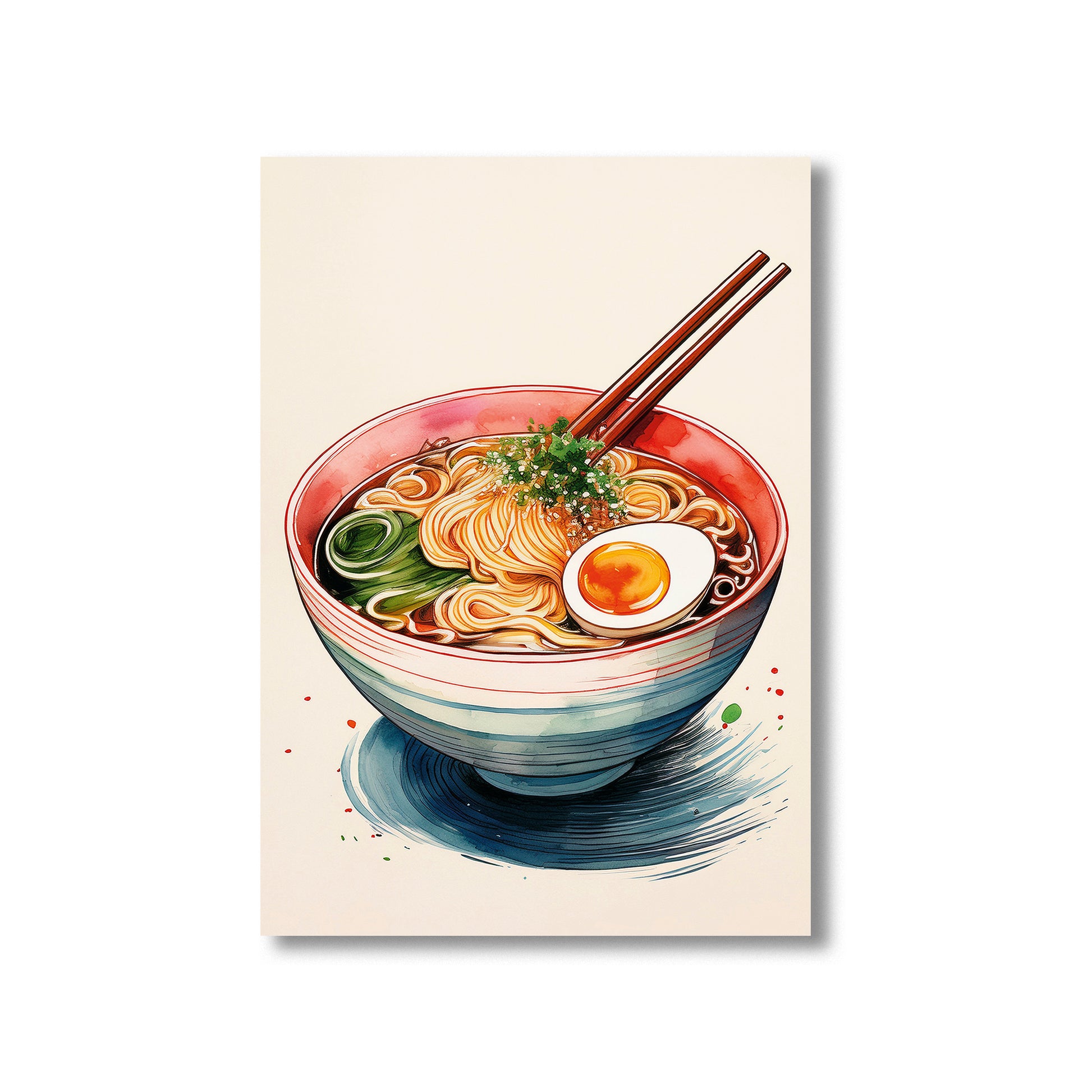 Japanese ramen bowl watercolor printable wall art with chopsticks and minimalist design