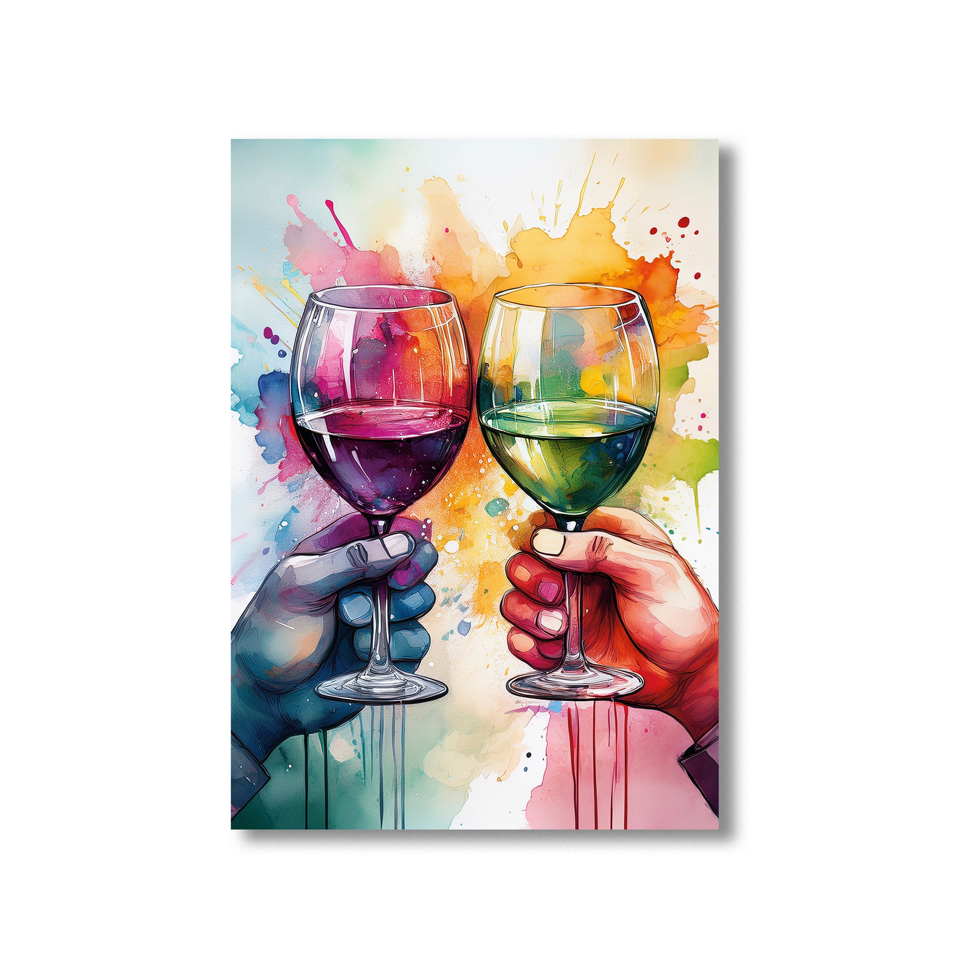 Colorful wine glasses clinking watercolor splash printable wall art for festive kitchen decor