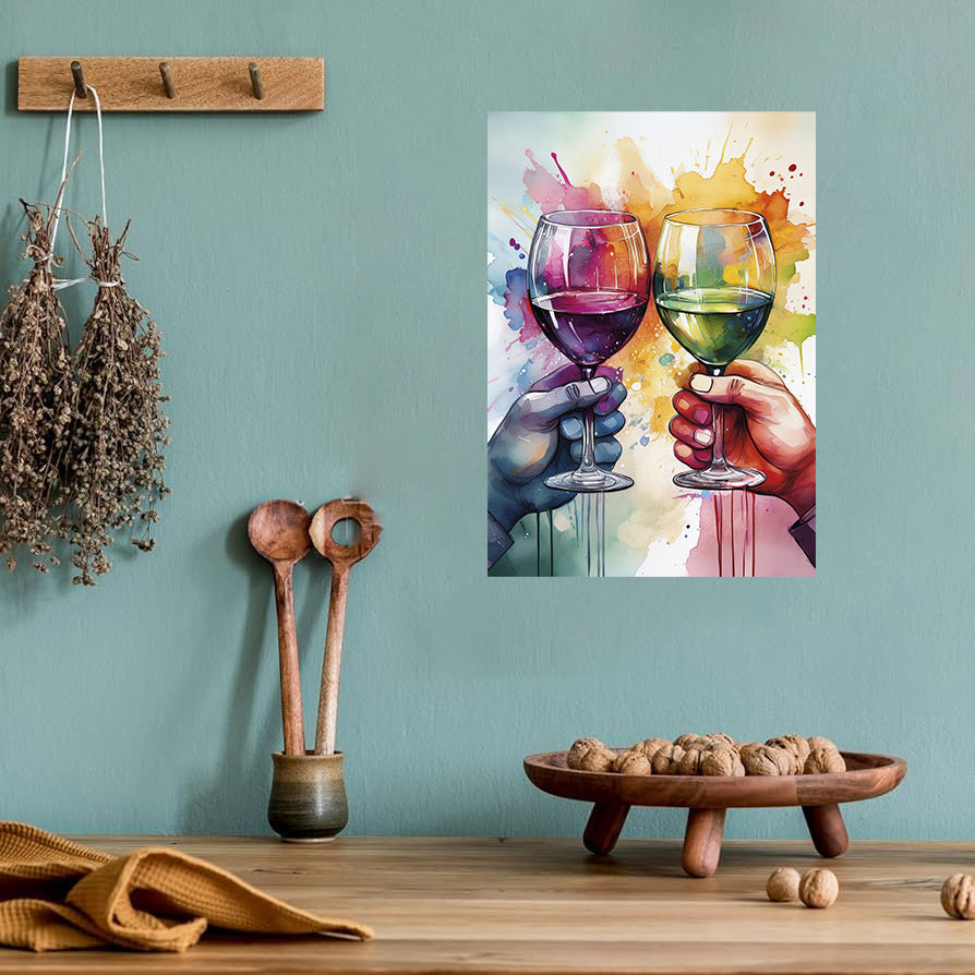 Colorful wine glasses clinking watercolor splash printable wall art for festive kitchen decor
