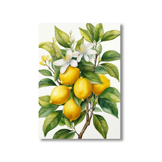 Mediterranean lemon tree branch watercolor printable wall art with blossoms