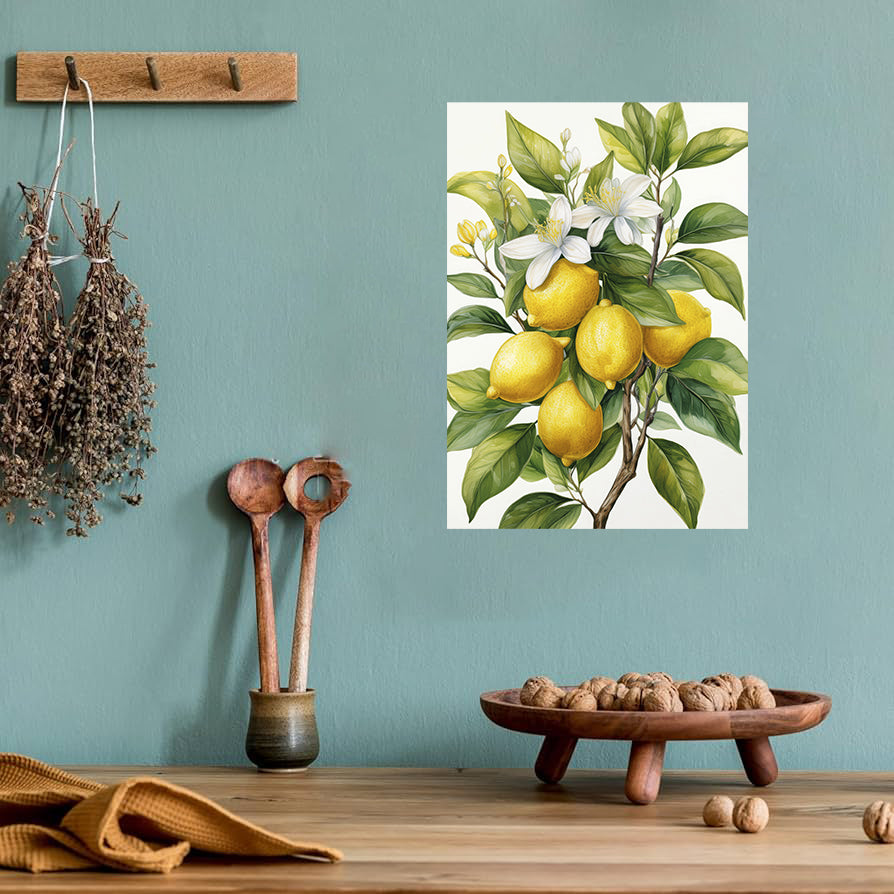Wall art of lemons and leaves on a teal wall with wooden decor items.
