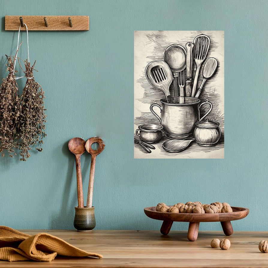 Modern black and white kitchen utensil silhouette printable wall art