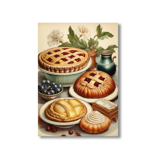 Vintage cookbook illustration of pies and pastries printable wall art for retro kitchen decor