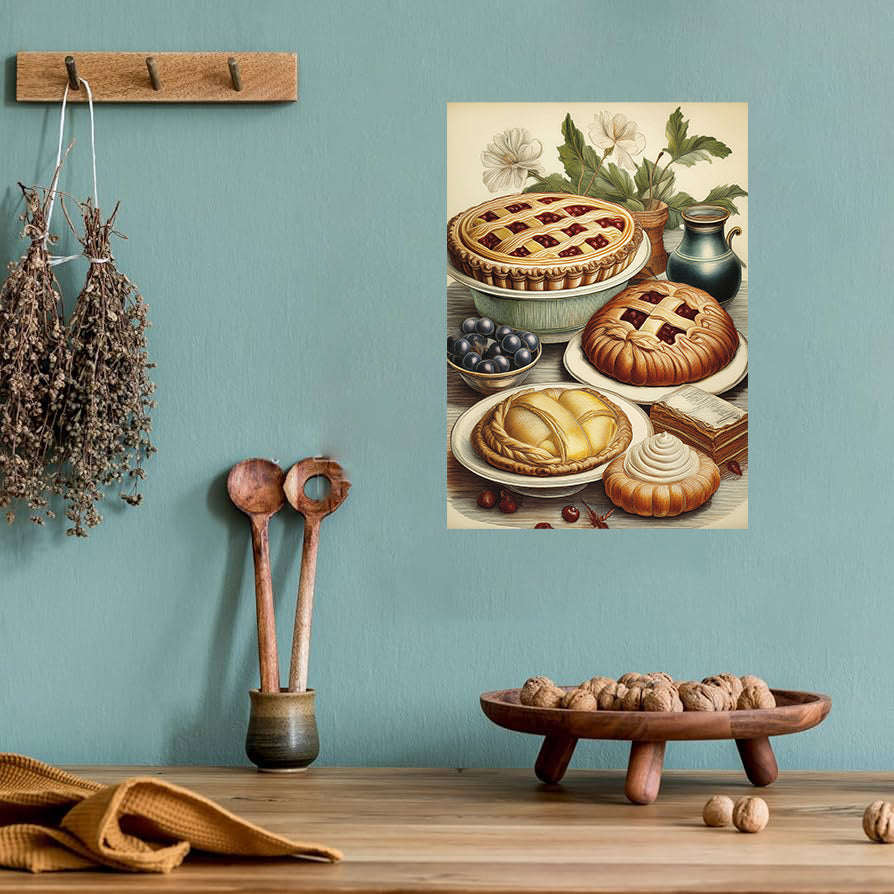 Wall art of pies on a teal wall with wooden utensils and a tray of bread.