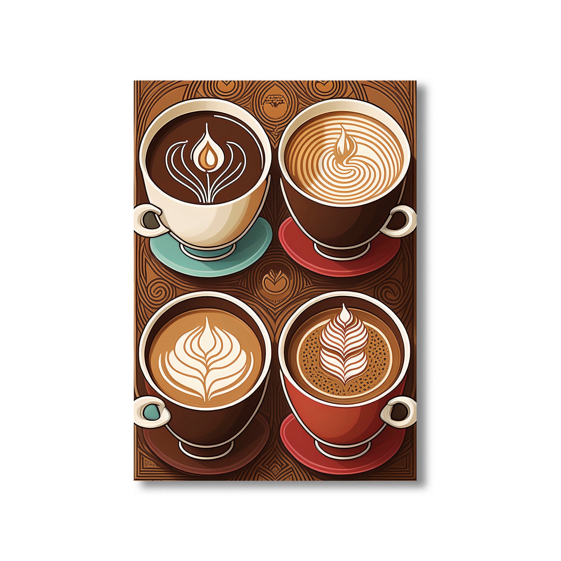 Coffee evolution printable wall art with espresso, cappuccino, latte, and mocha cup icons