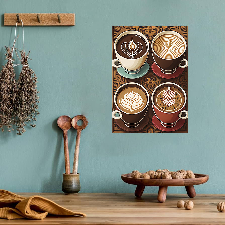 Coffee evolution printable wall art with espresso, cappuccino, latte, and mocha cup icons