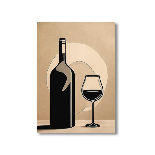 Minimal abstract wine bottle and glass line art printable on beige textured background