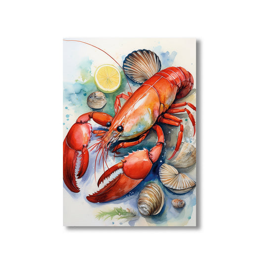 Watercolor seafood printable wall art with lobsters, shrimp, and clams for coastal kitchen decor