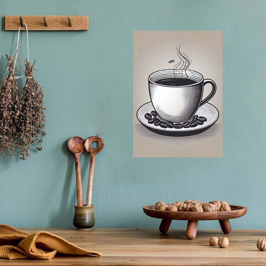 Minimalist coffee cup line art black and white printable for modern Scandinavian kitchen decor
