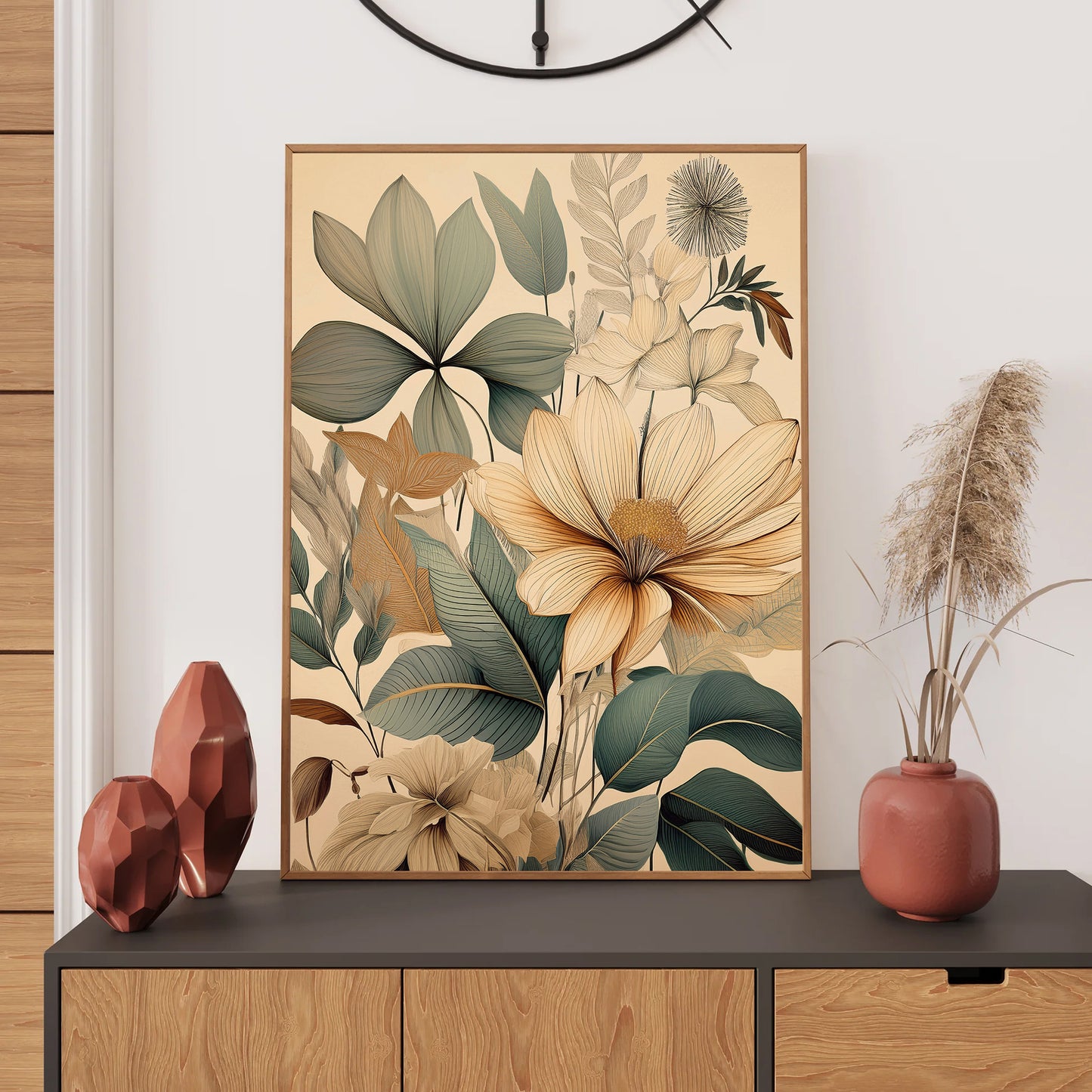 Framed floral artwork on a wall above a wooden cabinet with decorative vases.