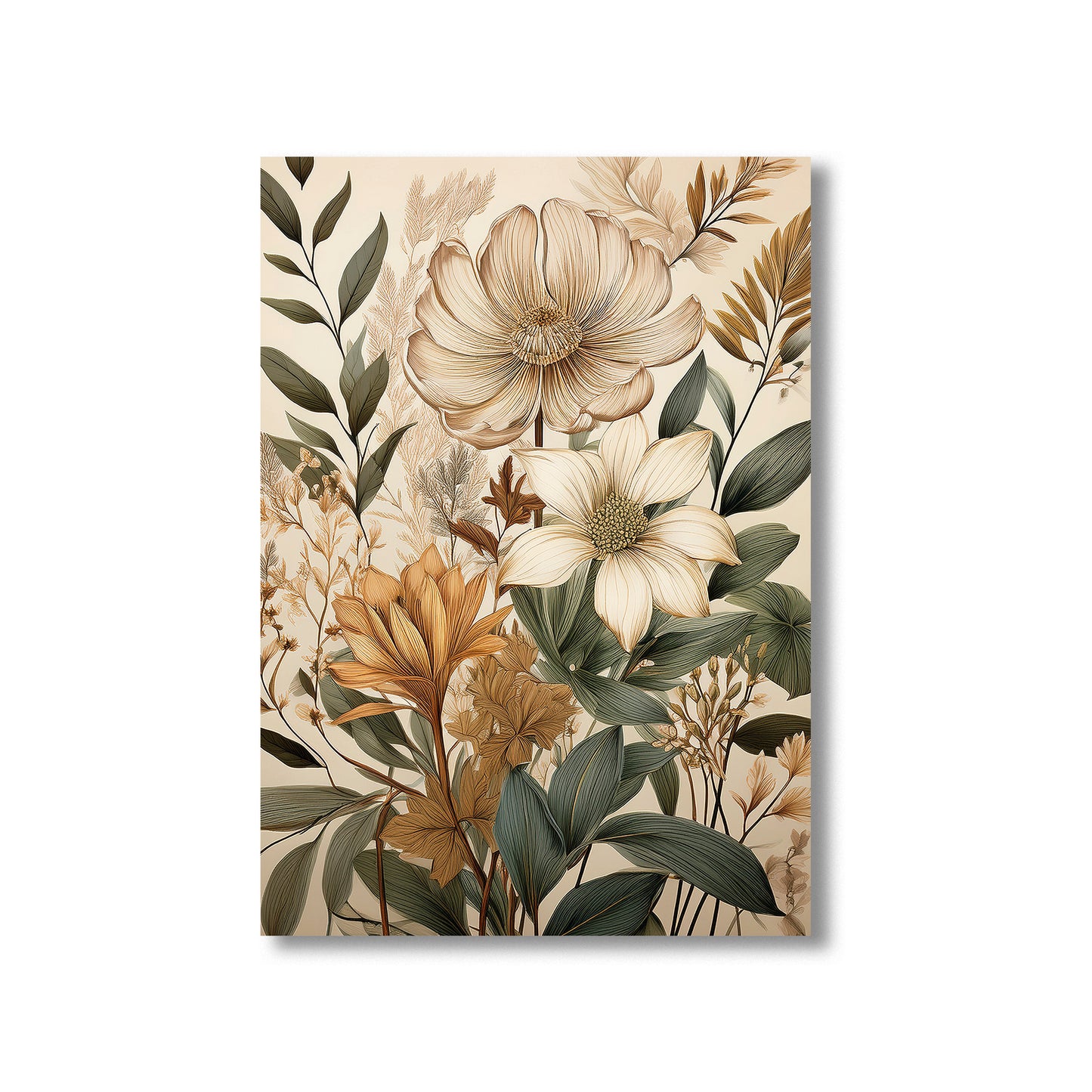 Floral design with beige, brown, and green colors on a beige background