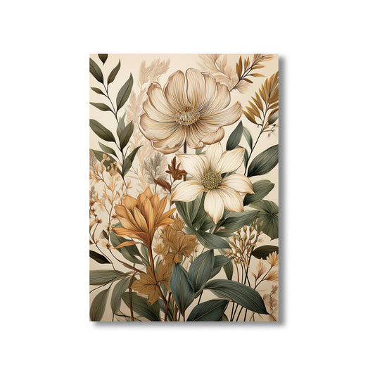 Floral design with beige, brown, and green colors on a beige background