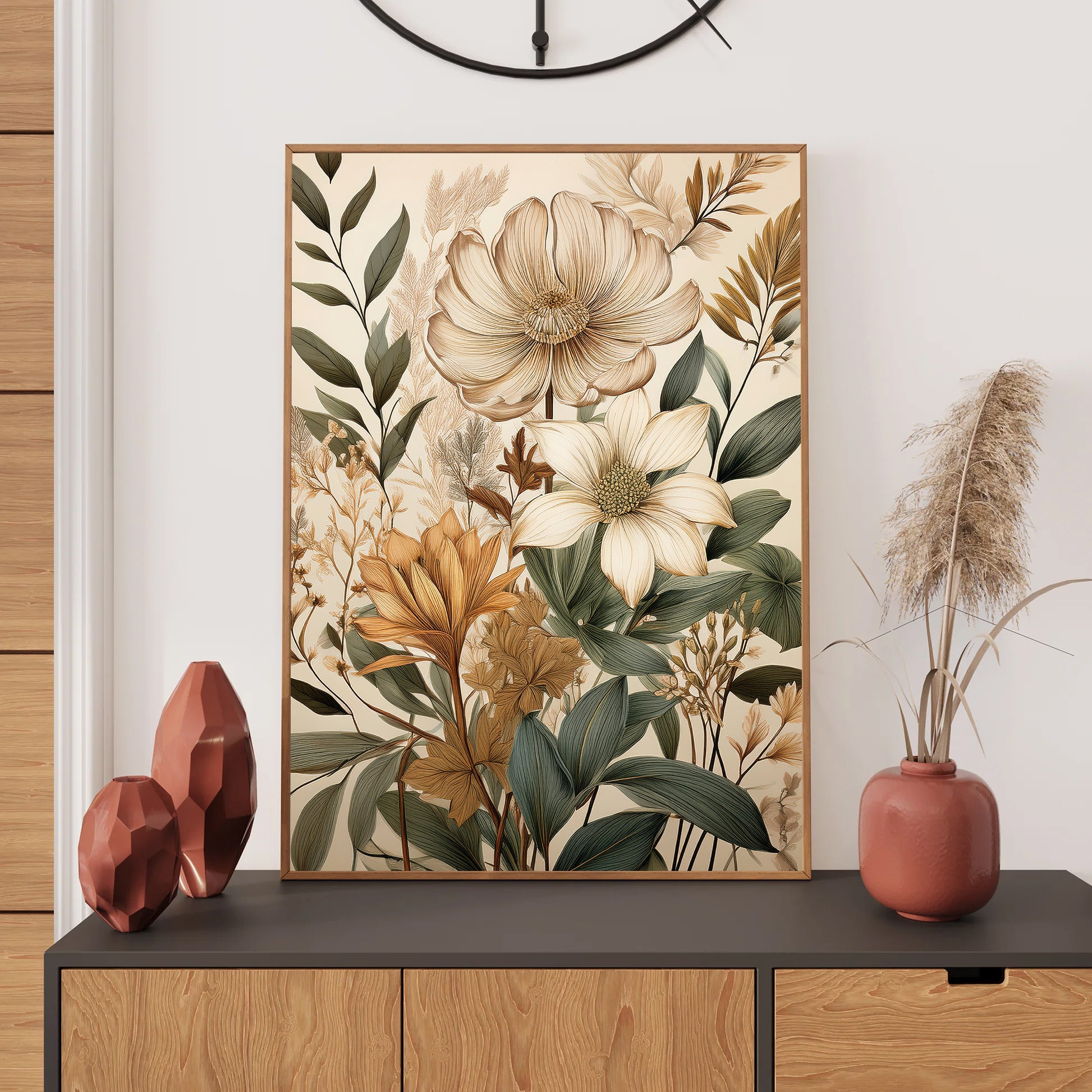 Floral artwork on a wall above a console table with decorative vases.