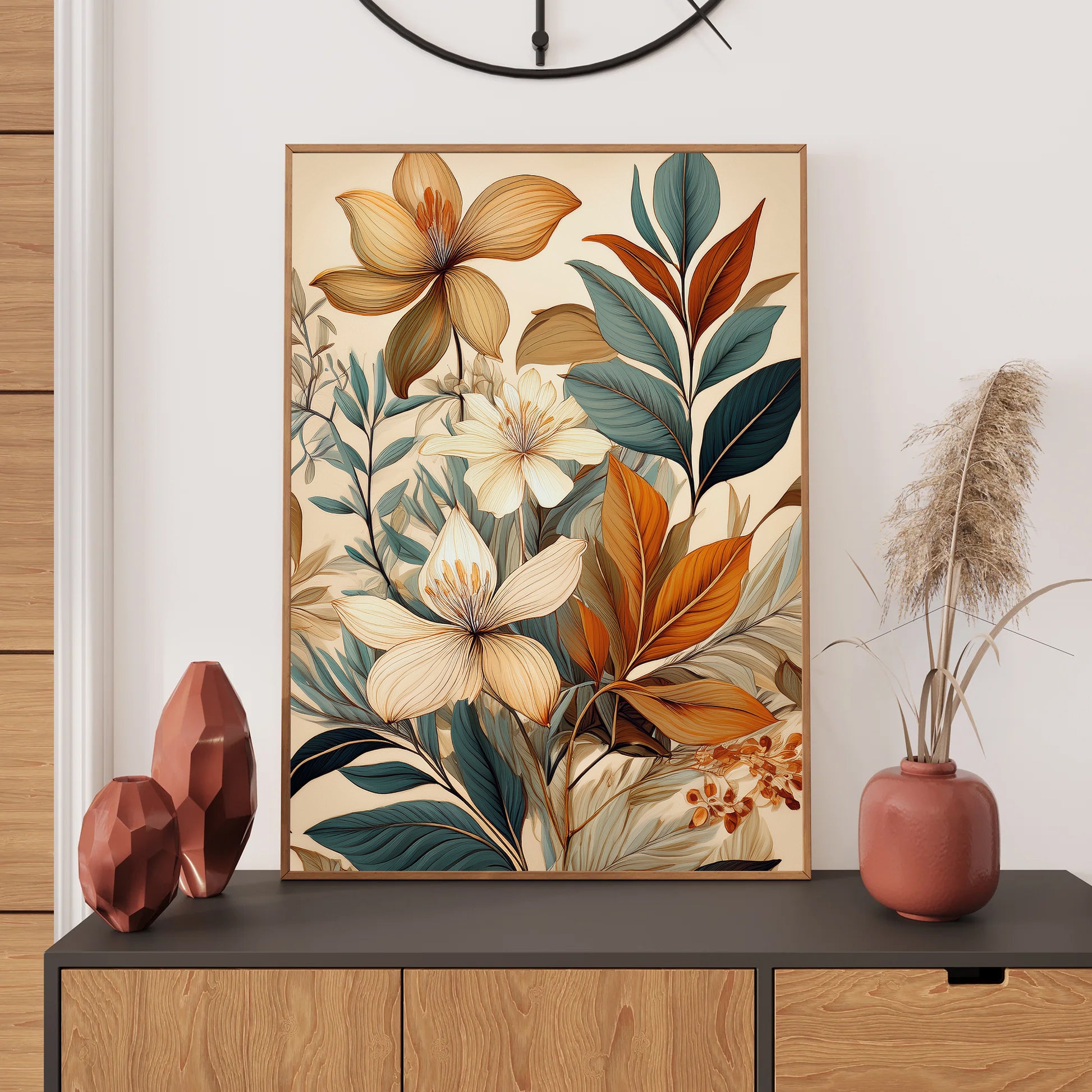 Floral artwork on a wall with decorative vases and sculptures below.