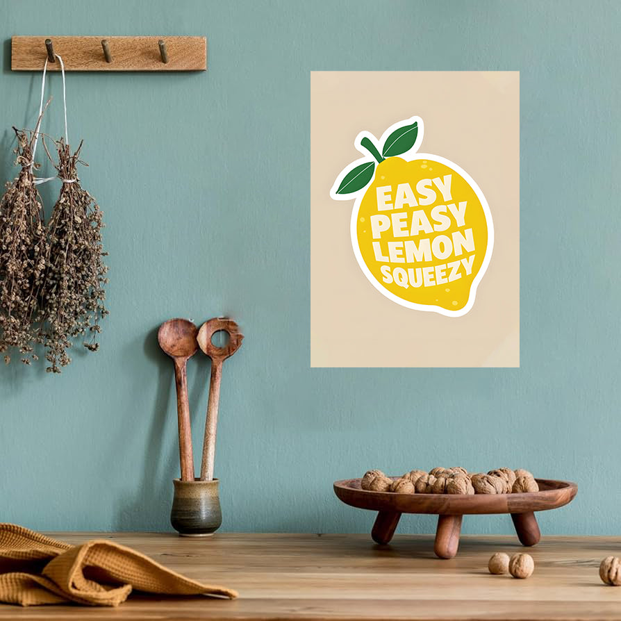 Funny kitchen wall art print with the phrase “Easy Peasy Lemon Squeezy,” perfect for kitchen and dining room decor digital download