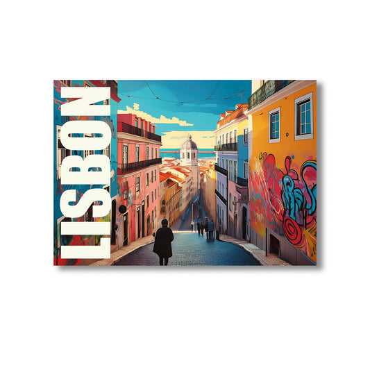 Colorful street scene with graffiti and the word 'Lisbon' on a white background