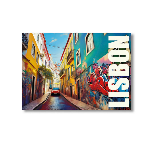 Colorful street scene with graffiti and the word 'Lisbon' on a white background