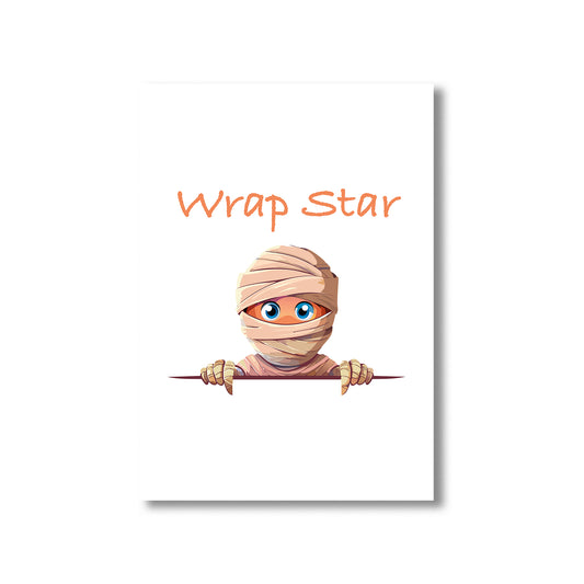 Cartoon mummy holding a star with 'Wrap Star' text on a white background