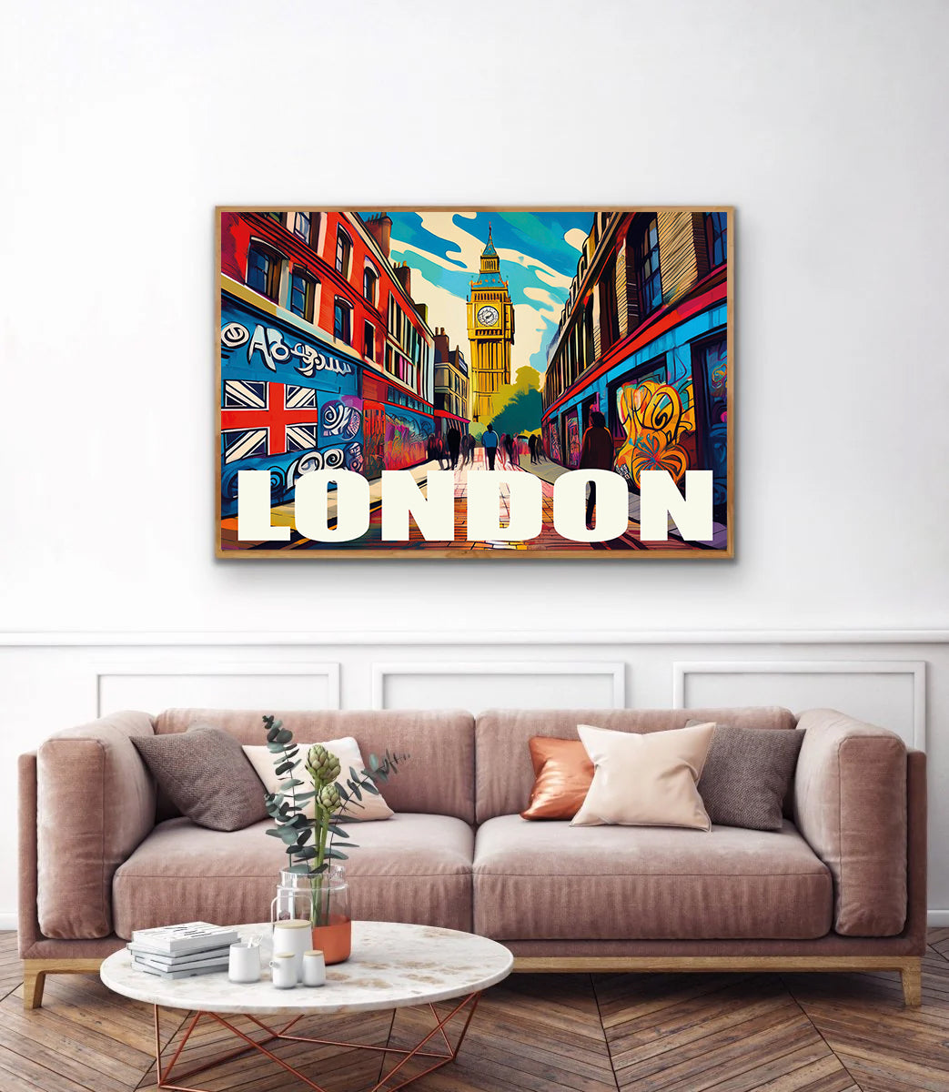 London graffiti wall art print digital download featuring vibrant street art mural with urban graffiti style, perfect for modern home decor, street culture lovers, and contemporary wall art enthusiasts.