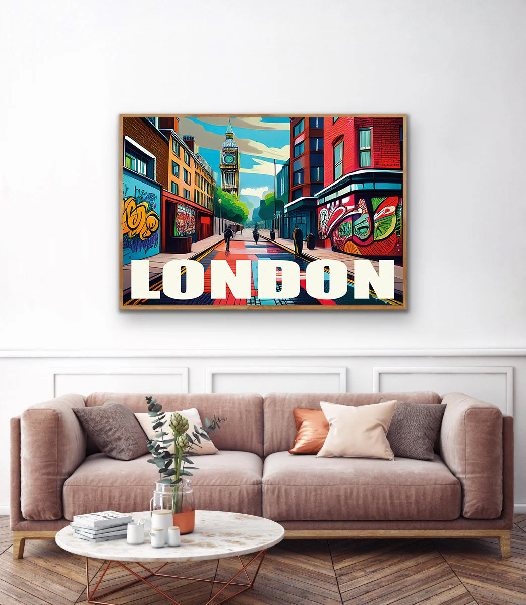 London graffiti wall art print digital download featuring vibrant street art mural with urban graffiti style, perfect for modern home decor, street culture lovers, and contemporary wall art enthusiasts.