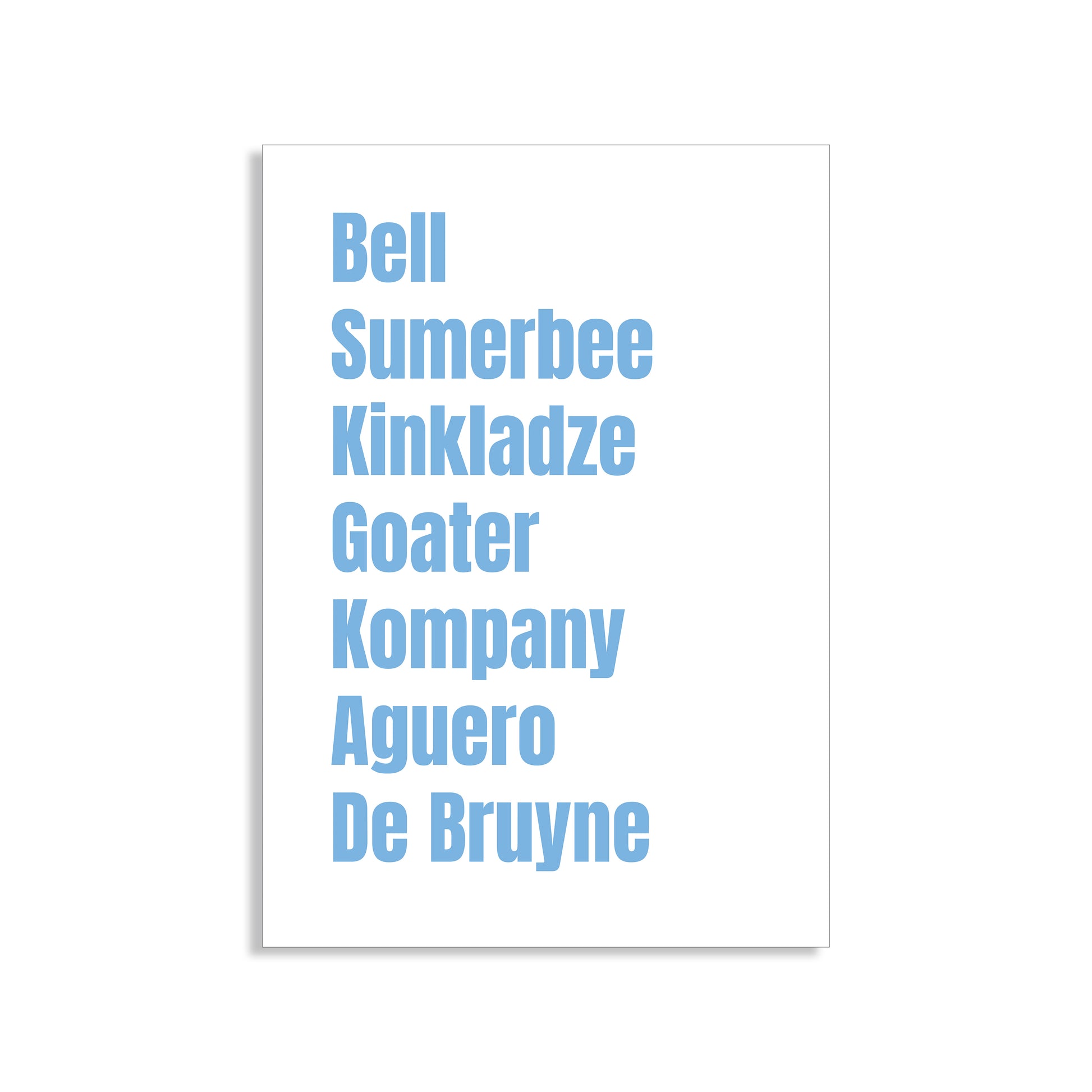 Manchester City Legends Wall Art Print featuring Bell, Summerbee, Kinkladze, Goater, Kompany, Agüero, and De Bruyne – Digital Download PDF Football Home Decor