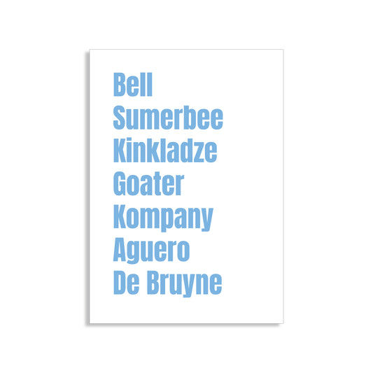 Manchester City Legends Wall Art Print featuring Bell, Summerbee, Kinkladze, Goater, Kompany, Agüero, and De Bruyne – Digital Download PDF Football Home Decor