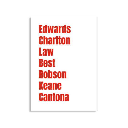 Manchester United Legends Wall Art Print featuring Edwards, Charlton, Law, Best, Robson, Keane, and Cantona – Digital Download PDF Football Home Decor