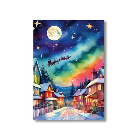 Watercolor Santa flying over snowy rooftops at night