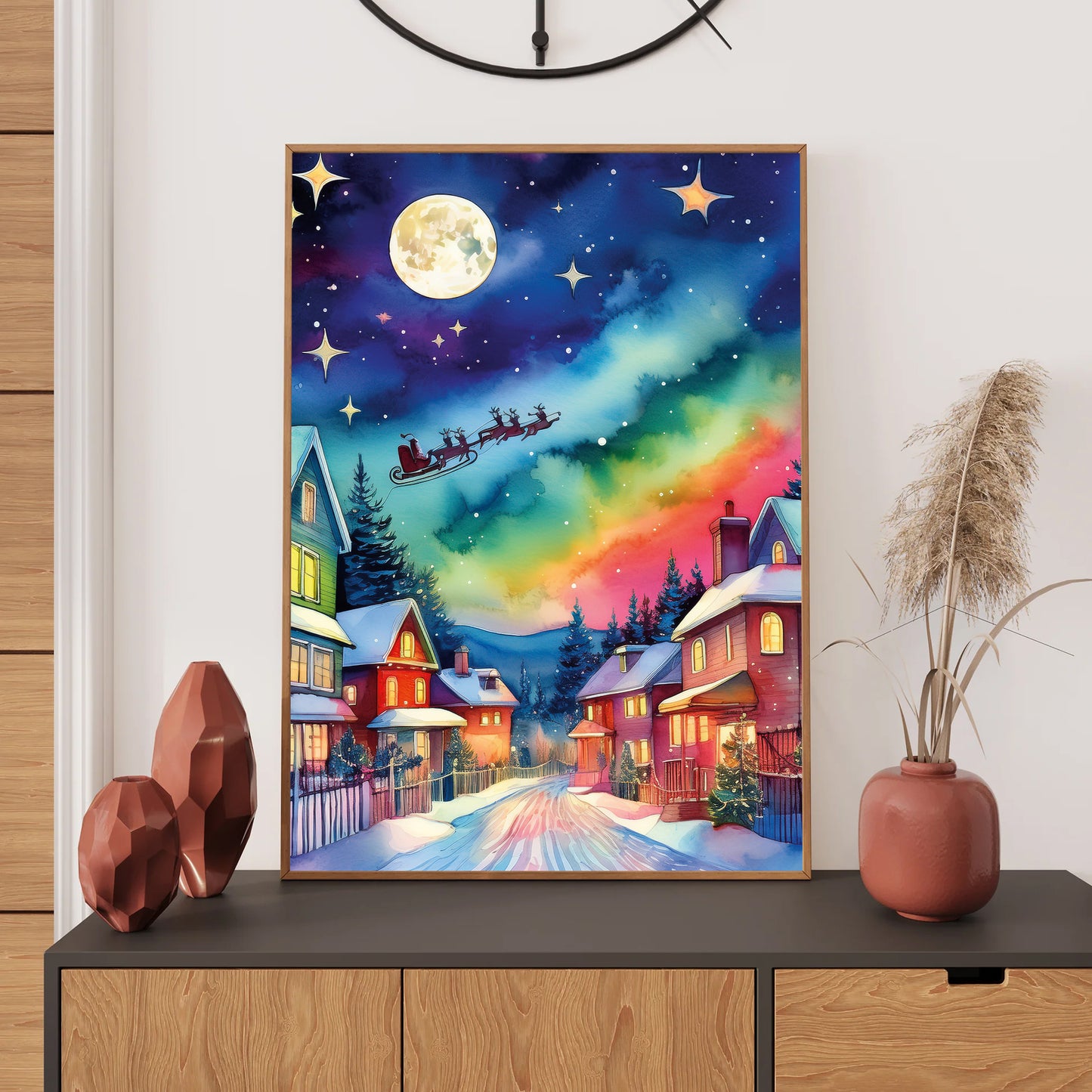 Watercolor Santa flying over snowy rooftops at night