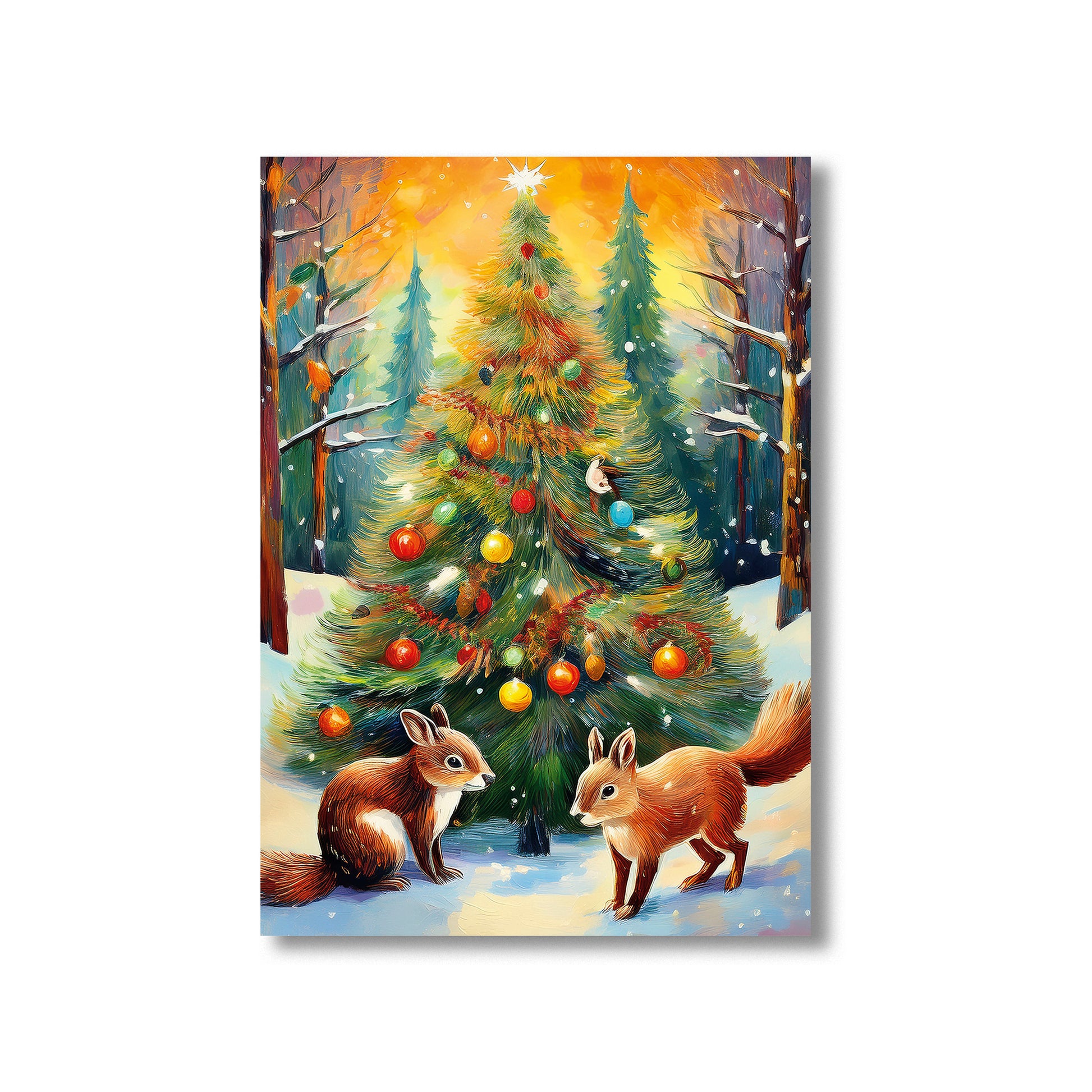 Watercolor forest animals decorating Christmas tree in snow