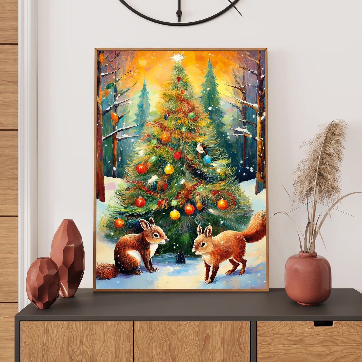 Watercolor forest animals decorating Christmas tree in snow