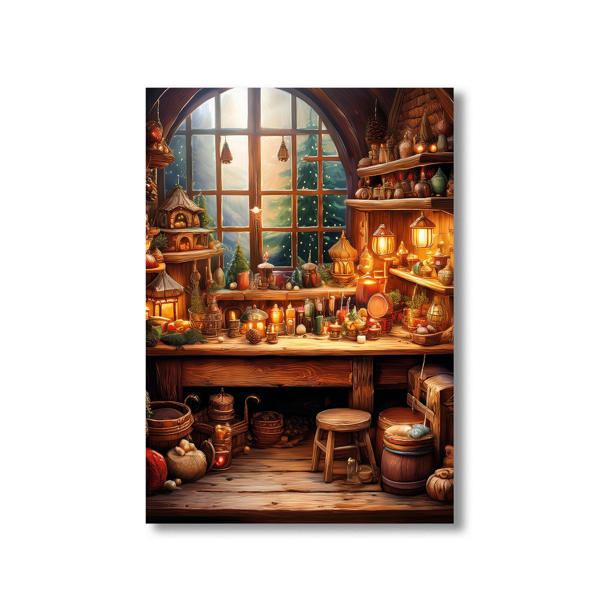 Oil painting of elves making toys in workshop with glowing lanterns