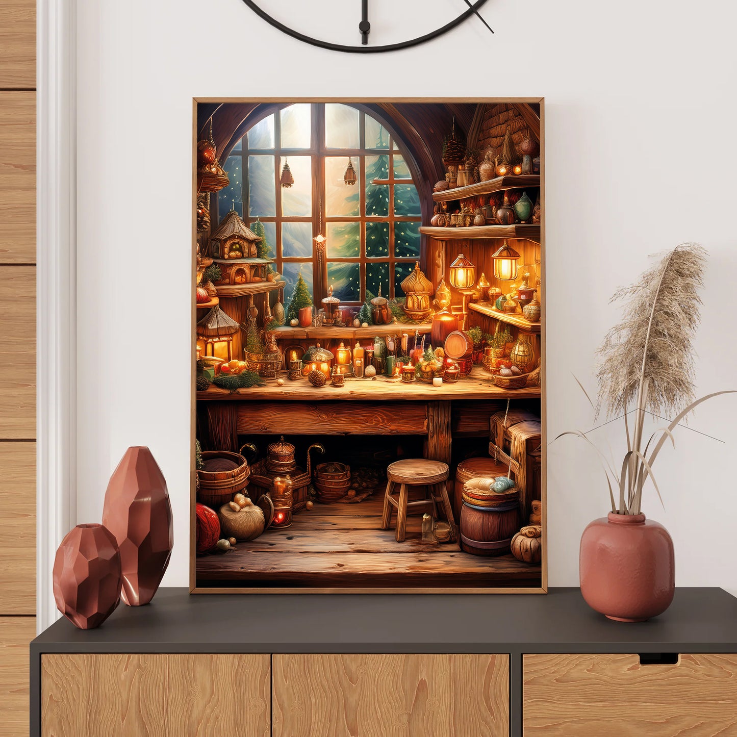 Oil painting of elves making toys in workshop with glowing lanterns