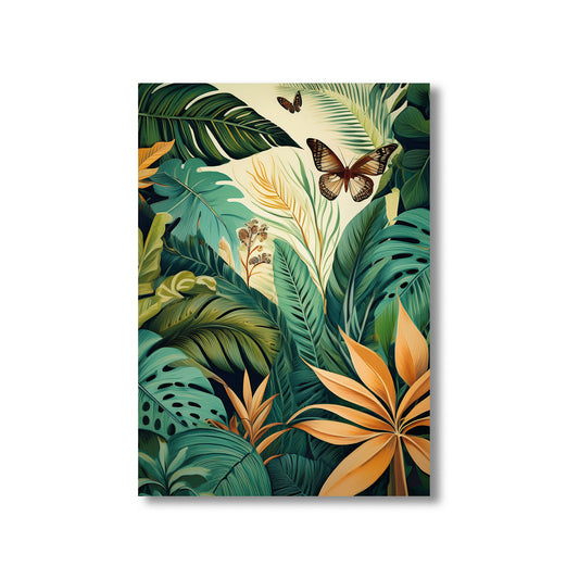 Tropical leaf design with butterflies on a white background