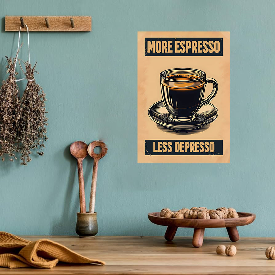 Funny kitchen wall art print with the phrase “More Espresso,” perfect for kitchen and coffee bar decor digital download