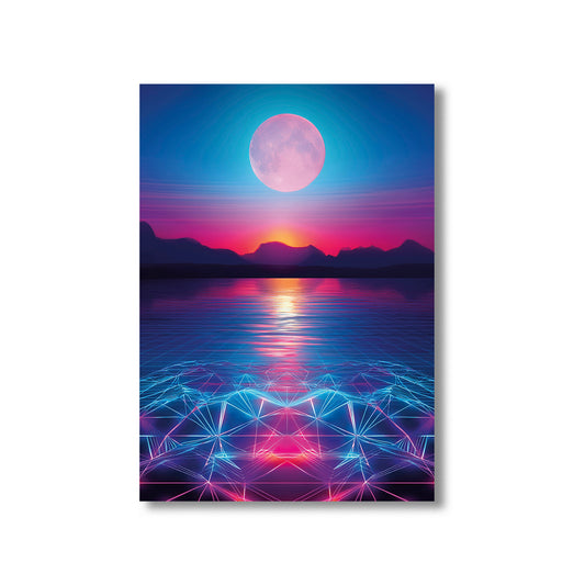Neon full moon rising over a sunset horizon with mountains, glowing ocean reflections, and a futuristic geometric grid in synthwave colors.