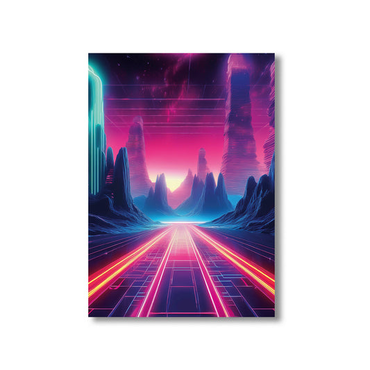 Vibrant neon sunset behind mountains with glowing reflections on water in retro-futuristic synthwave colors.