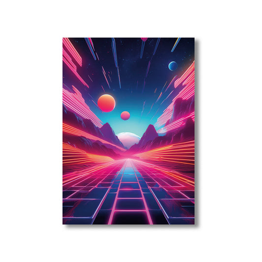 "Vibrant neon sunset behind mountains with glowing reflections on water in retro-futuristic synthwave colors."