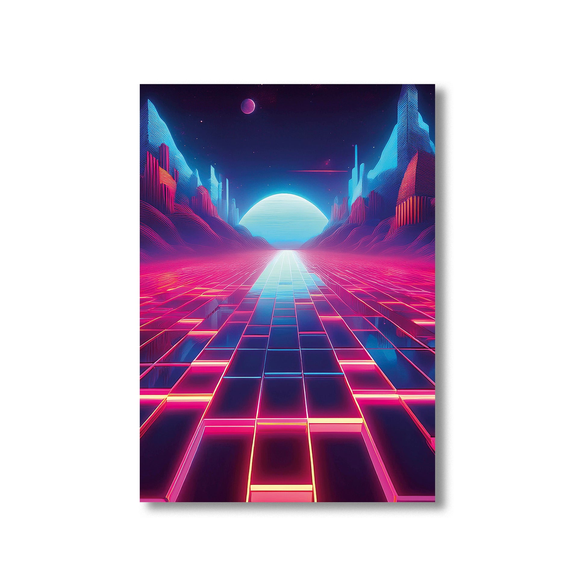 Retro-futuristic neon pathway across an ocean leading to a glowing pink full moon in a synthwave color palette.