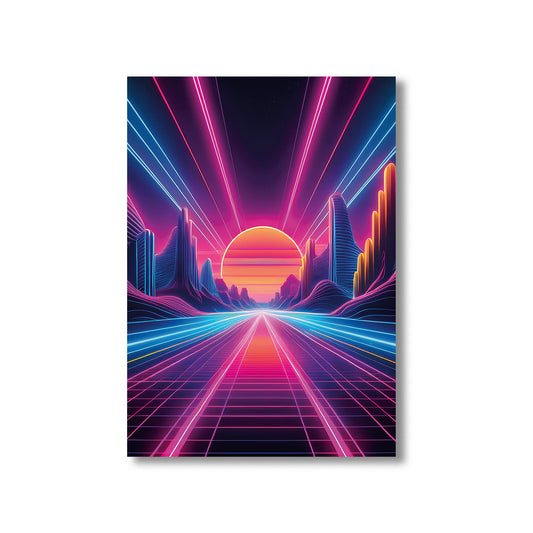 Glowing neon pathway over an ocean leading to a radiant sun on the horizon in a retro-futuristic synthwave style.